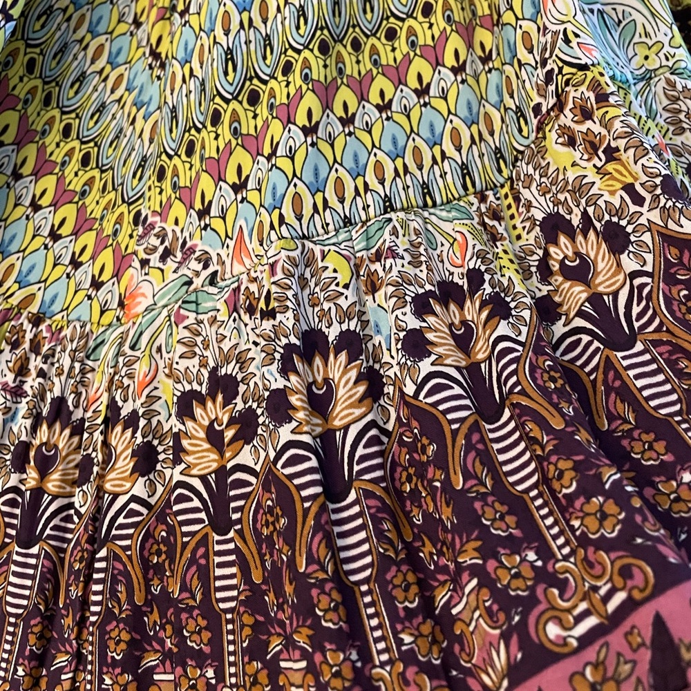 Gorgeous Anthropologie Purple & Green Floral Mixed Print Tiered Maxi Dress - Picture 7 of 9